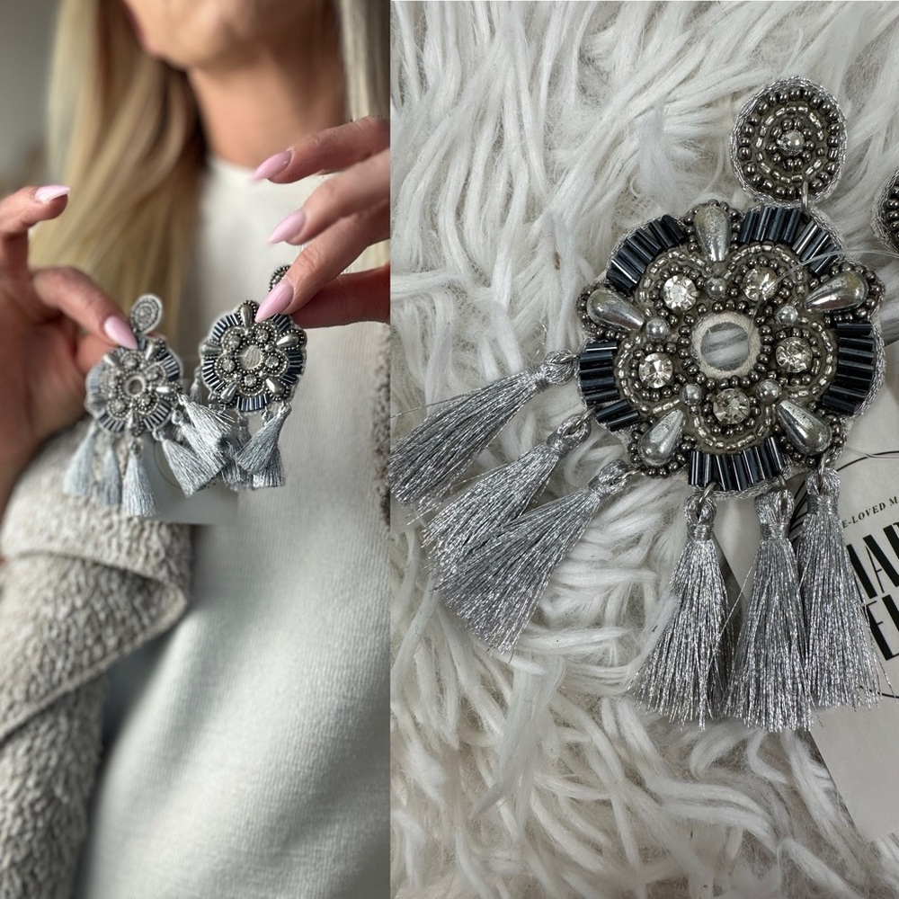 Mabel Ellen Boutique Chic silver boho beaded floral, tassel earrings